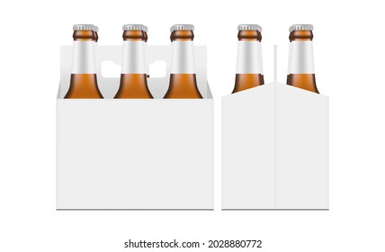 Carrier Box Mockup with Brown Glass Bottles, Front and Side View, Isolated on White Background. Vector Illustration svg