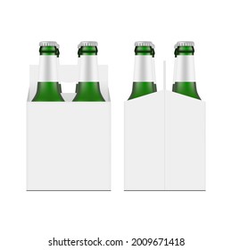 Carrier Box Mockup with Green Glass Beer Bottles, Front and Side View, Isolated on White Background. Vector Illustration svg