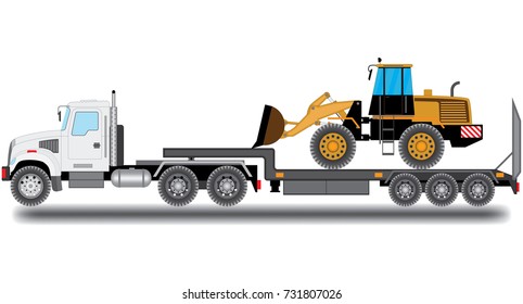 Carrier of cargo platform. The bulldozer is transported to the place of road works.