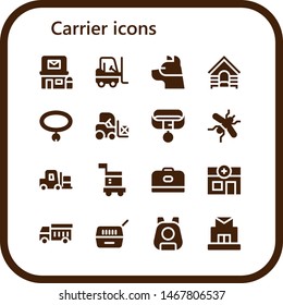carrier icon set. 16 filled carrier icons.  Collection Of - Post office, Forklift, Dog, Collar, Mosquito, Carrier, Veterinary, Garbage truck, Pet