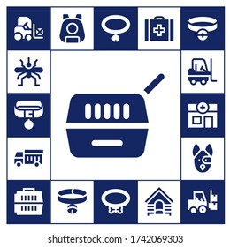 carrier icon set. 17 filled carrier icons.  Simple modern icons such as: Forklift, Mosquito, Collar, Pet, Garbage truck, Veterinary, Dog, Carrier