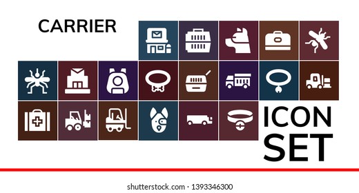 carrier icon set. 19 filled carrier icons.  Collection Of - Post office, Mosquito, Veterinary, Forklift, Dog, Cargo truck, Collar, Pet, Garbage truck, Carrier