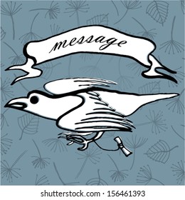 Carrier, messenger pigeon. Message ribbon tag. Vector illustration.