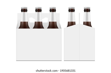Carrier Packaging Box Mockup with Brown Glass Beer Bottles, Front and Side View, Isolated on White Background. Vector Illustration svg