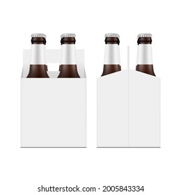 Carrier Packaging Box Mockup with Four Brown Glass Beer Bottles, Front and Side View, Isolated on White Background. Vector Illustration svg