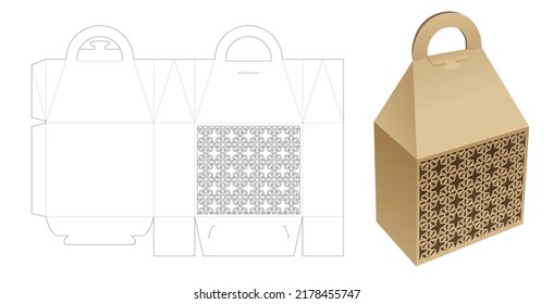 Carrier packaging with stenciled Arabic pattern window die cut template and 3D mockup