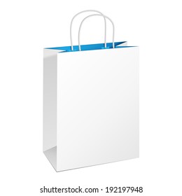 Carrier Paper Bag White Blue. Illustration Isolated On White Background. Ready For Your Design. Product Packing Vector