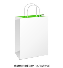 Carrier Paper Bag White Green. Illustration Isolated On White Background. Ready For Your Design. Product Packing Vector