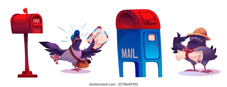 Carrier pigeon cartoon characters with mailbox set - comic grey bird postman delivering letters envelope and scroll, red residential post box, blue mail drop box. Cute postal service elements.