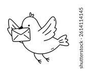 Carrier pigeon with an envelope isolated on a white background. Vector hand-drawn illustration in doodle style. Perfect for decorations, logo, various designs. Cute character.