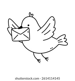 Carrier pigeon with an envelope isolated on a white background. Vector hand-drawn illustration in doodle style. Perfect for decorations, logo, various designs. Cute character.