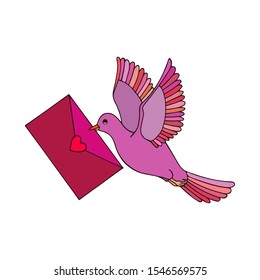 carrier pigeon flies with a letter in its beak. eps10 vector illustration. hand drawing.