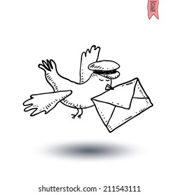 Carrier Pigeon With Pilot Cap And Letter. Hand-drawn Vector Illustration.