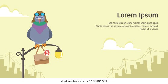 Carrier Pigeon Sending Email Notification Stand On Sidewalk Lamp. Email Concept Flat Vector Illustration