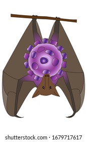 The carrier of the virus is a bat hanging upside down. Collage of virus and bat. Vector in a flat style. Isolated on a white.