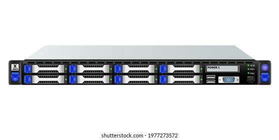 Carrier-class 1u server with eight 3.5 inchs hard drives, control display, USB connectors, for mounting in a 19" rack. Vector illustration.
