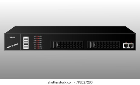 Carrier-class server for rack-mounting. The name and emblem are invented. Vector illustration.
