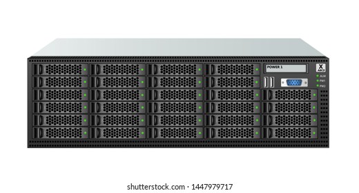 Carrier-class server size 3u with twenty-eight 2.5-inch hard drives for mounting in a 19-inch rack. Vector illustration.