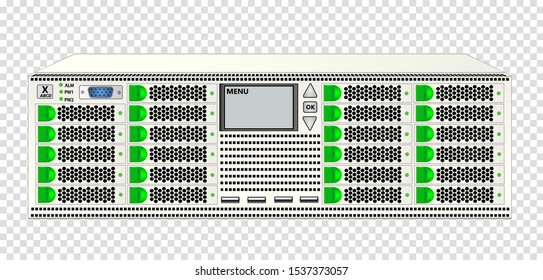 The carrier-class server, size 3u, white color, with twenty-three 2.5-inch hard drives for mounting in a 19-inch rack. Vector illustration.
