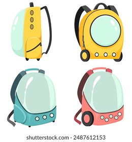 Carriers for animals. Transport backpacks for animals. Travel with animals. Collection of flat hand drawn illustrations.