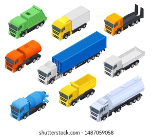 Carriers. Set of trucks,fuel and construction vehicles.  Isometric view. Vector