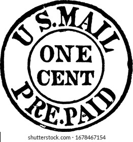 Carriers' Stamp (1 cent) from 1849, a small adhesive piece of paper stuck to something to show an amount of money paid, mainly a postage stamp, vintage line drawing or engraving illustration.