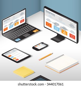 Carriers , supporting objects and modern gadgets, illustration office items on the desktop