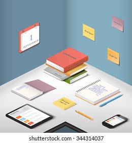 Carriers , supporting objects and modern gadgets, illustration office items on the desktop