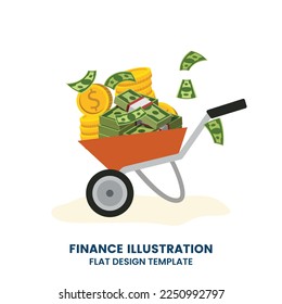 carries cart full of bags of money. Successful financial investments concept. Goal achievement and money growing.