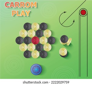 Carrom coins arranged on nice green  background in vector illustration