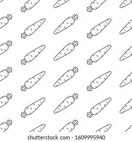 Carrot background, frech vegetable seamless pattern with thin line icons. Healthy food vector illustration, black white color.