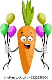 Carrot with balloons, illustration, vector on white background.