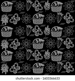 Carrot in a basket, carrot leaves and other decorative elements, seamless pattern, white outline black background, vector
