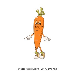 Carrot bbq barbeque cartoon groovy character. Isolated vector ripe vegetable personage for healthy eating and cooking culinary meals. Funny carrot in sneakers whistle with carefree face expression