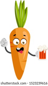 Carrot with beer, illustration, vector on white background.