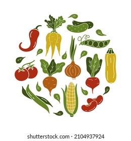 Carrot, beet, onion, corn, leaves, tomato, beans, chilli. Round food illustration with isolated vegetables. Color silhouette elements on white background. Vector hand drawn print, poster