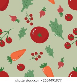 Cenoura, beterraba, tomate e alface em um fundo verde. Comida padrão sem emenda para roupas, tecido, papel de parede, pano de fundo, decoração de casa, livro de capa e arte de parede. 