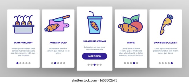 Carrot Bio Vegetable Onboarding Icons Set Vector. Carrot Sliced Pieces And Healthy Drink, Fresh And Pickles, Growing And Pie Illustrations