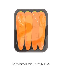 Carrot in black plastic tray, top view of styrofoam package with film wrap vector illustration