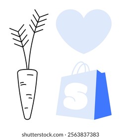 A carrot, a blue heart, and a blue shopping bag. Ideal for promoting healthy living, wellness, nutritious eating, eco-friendly shopping, and simplicity. Modern minimal vector style