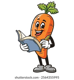 Carrot with book,  Cartoon Character Mascot Illustration Vector Clip-art Hand-drawn Logo Design