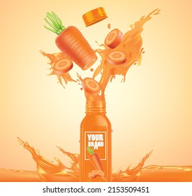 Carrot bottle design with carrot juice splashes.illustration 