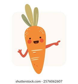 The carrot is bright orange with simplified features, including rosy cheeks and a cheerful expression. The style is friendly and whimsical, making it suitable for children's products.