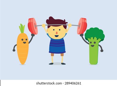 Carrot and Broccoli help kid to weight lifting. healthy and kid concept