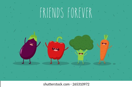 Carrot, broccoli, pepper, eggplant cartoon vegetables illustration. Vector cartoon. Friends forever. Comic characters. Use for card, poster, banner, web design and print on t-shirt. Easy to edit.