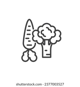 Carrot and broccoli vegetables line icon. linear style sign for mobile concept and web design. Fresh broccoli and carrot outline vector icon. Symbol, logo illustration. Vector graphics