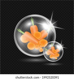 Zanahoria en burbujas. Correa naranja realista con ilustración vectorial 3D. Sobre un fondo translúcido. Diseño para productos culinarios bebidas y fruta, suero facial médico. Decoración de sitios Web.