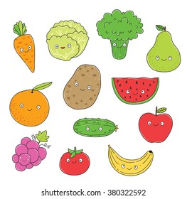 Carrot, cabbage, broccoli, pear, orange, potato, watermelon, cucumber, apple, banana, tomato. Vegetables and fruits.