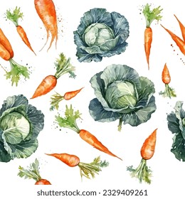 Carrot with cabbage watercolor seamless pattern. Vector illustration