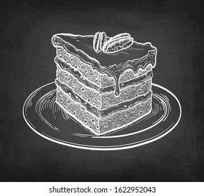 Carrot cake. Chalk sketch on blackboard background. Hand drawn vector illustration. Retro style.